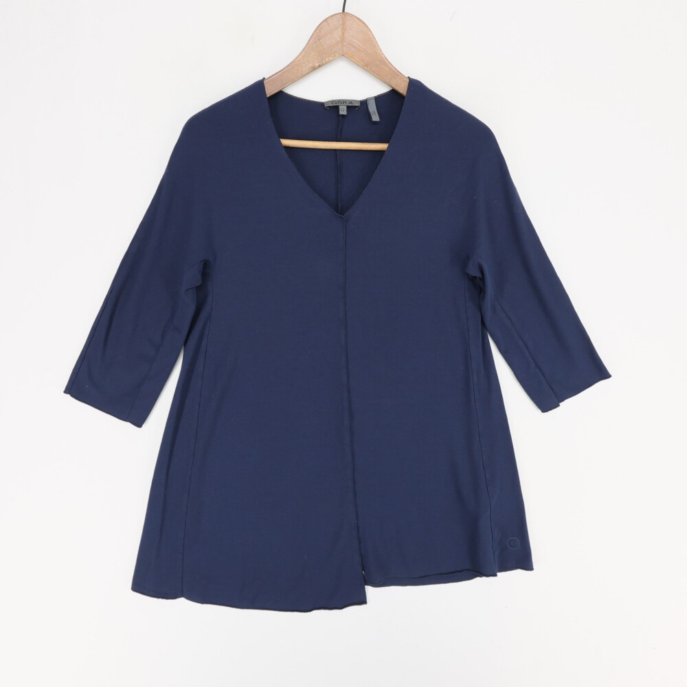 OSKA Sangu Tunic Shirt Women 0 Blue Asymmetrical Hem V Neck 3/4 Sleeve Lagenlook